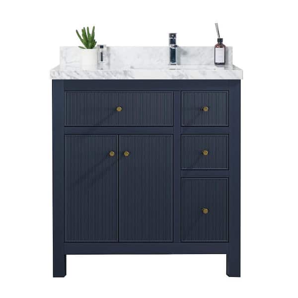 Willow Collections Sonoma 36 in. W x 22 in. D x 36 in. H Left Offset Sink Bath Vanity in Navy Blue with 2 in Carrara Marble Vanity Top