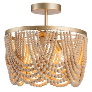 3-Light Convertible Wooden Bead Pendant Chandelier with Gold Finish for Dining Room, Bedroom, Living Room