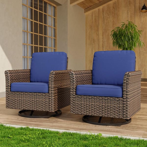 COOS BAY Wicker Patio Outdoor Rocking Chair Swivel Chair with Blue Cushions (2 pack)