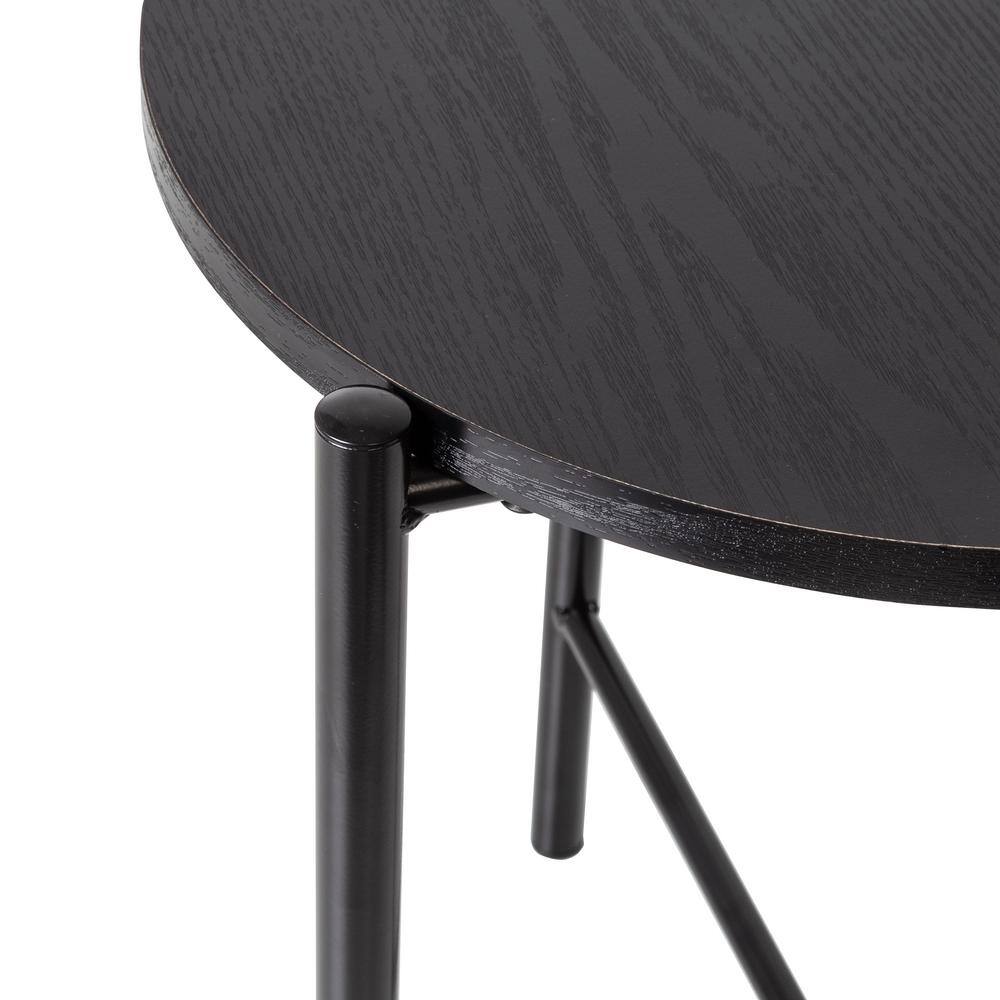 Sleek Matte Black Metal and Wood Round Side Table