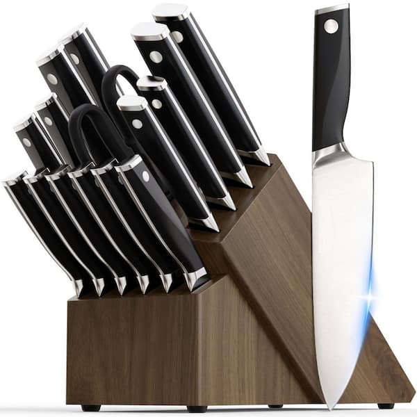 17-Piece Black Stainless Steel German Knife Set with Block and Sharpener, Dishwasher Safe, Anti-Slip Ergonomic Handle