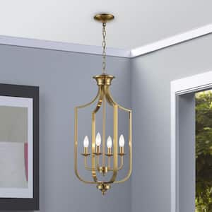 Hillcrest 13.75 in. 4-Light Antique Gold Pendant Light Fixture with Metal Shade
