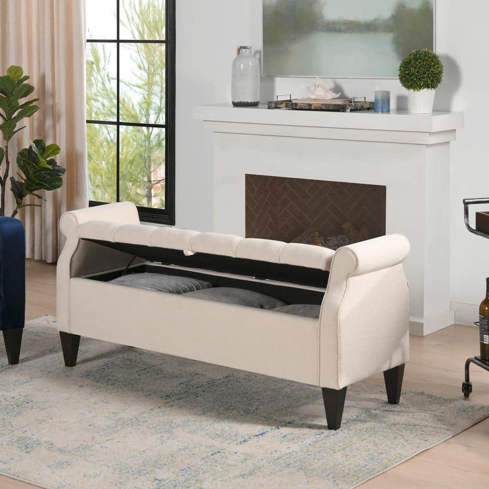Jacqueline Sky Neutral Tufted Roll Arm Storage Bench