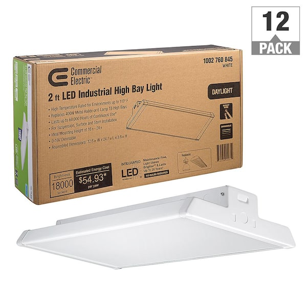 Commercial Electric 2 ft. 400-Watt Equivalent 18000 Lumens Integrated LED Dimmable White High Bay Light 120-277V 5000K (12-Pack)