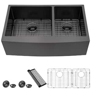 Gunmetal Black 36 in. Farmhouse/Apron-Front Double Bowl 16 Gauge Stainless Steel Kitchen Sink with Basket Strainer