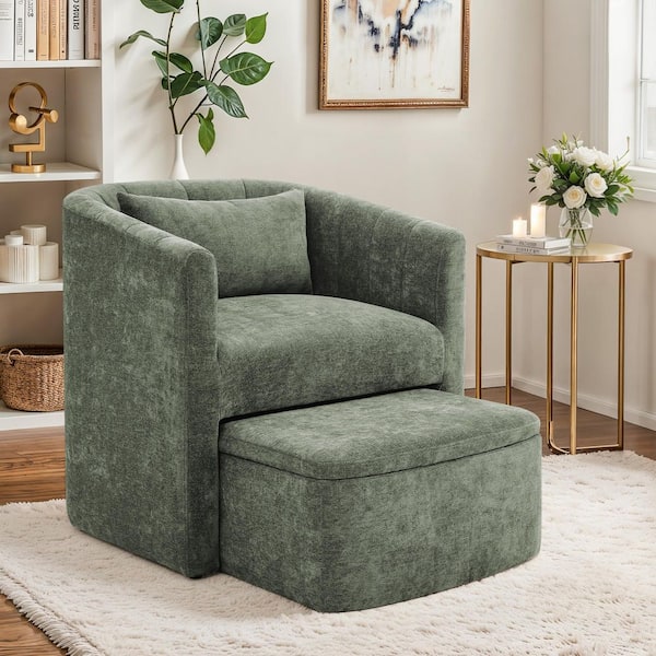 Len Grayish Green Chenille Upholstered Accent Chair Open-Design Hollow Base Armchair with Functional Storage Ottoman