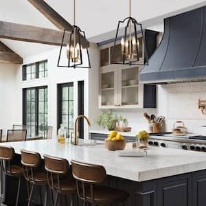 Modern Industrial 4-Light Black Lantern Chandelier for Kitchen Island, Classic Brass Gold Pendant Light for Entryway