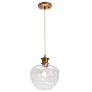 60 -Watt 1-Light Brass Pendant Light with Clear Water Wave Glass Shade