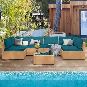 Yellow 7-Piece Wicker Patio Conversation Seating Set with Lake Blue Cushions