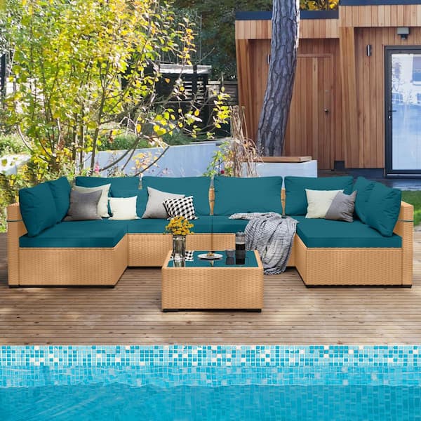 UPHA Yellow 7-Piece Wicker Patio Conversation Seating Set with Lake Blue Cushions