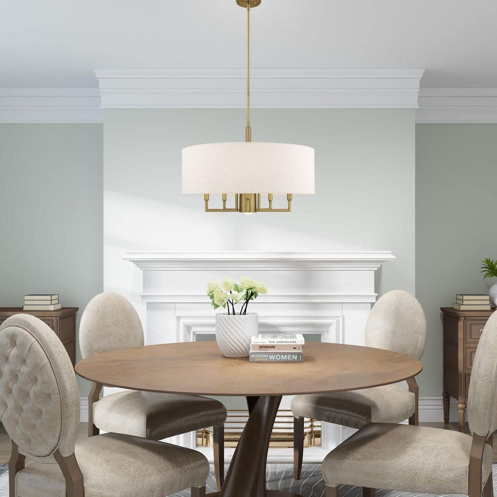 Antique Brass 6-Light Pendant Chandelier with Oatmeal Shade
