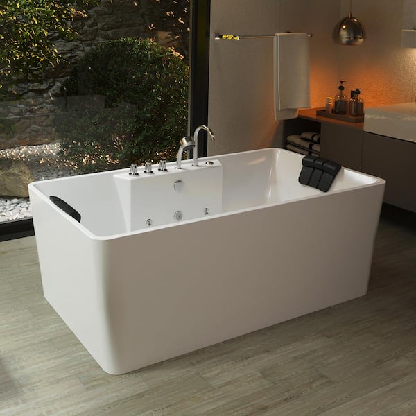 67 in. Center Drain Acrylic Freestanding Flatbottom Whirlpool Bathtub in White with Faucet - Water Jets