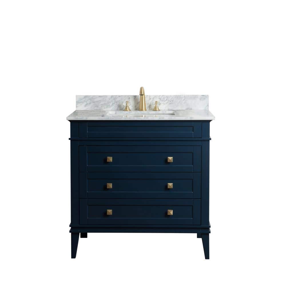 Legion Furniture 36 in. W x 22 in. D Bath Vanity in Navy Blue with Cararra Marble Vanity Top in White and Gray with White Basin -  WS3136-B