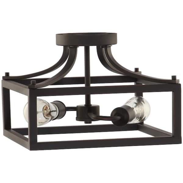 Boswell Quarter 12-1/2 in. 2-Light Distressed Black Farmhouse Open Cage Semi-Flush Mount Ceiling Light