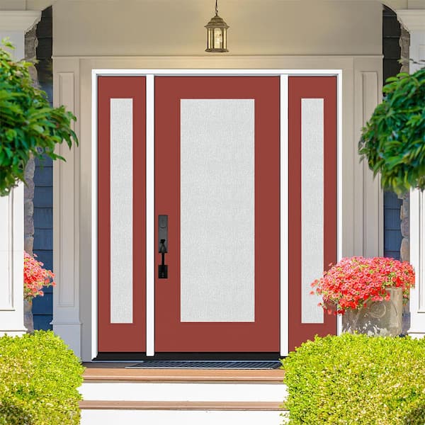 Legacy 64 in. x 80 in. Full Lite Rain Glass RHIS Primed Morocco Red Finish Fiberglass Prehung Front Door w/Dbl 12 in. SL