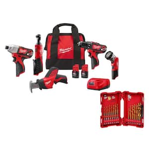 M12 12V Li-Ion Cordless Combo Kit (5-Tool) with Two 1.5Ah Batteries, Charger & Tool Bag with Twist Drill Bit Set (23-Pc)