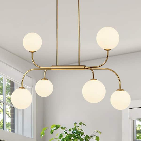 6-Light Brass Branch Modern Dimmable Bubble Glass Sputnik Linear Chandelier for Dining Room