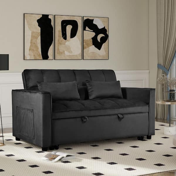 Webb Convertible 57.14 in. Black Upholstered Velvet Sleeper Small Full Size Sofa Bed with Adjustable Backrest, Pillows
