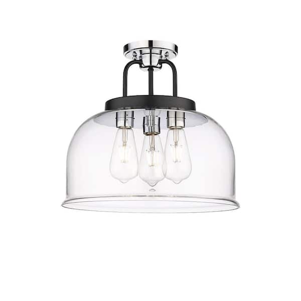 Kahana 15 in. 3-Light Black Polished Chrome Industrial Semi-Flush Mount with Clear Glass Shade