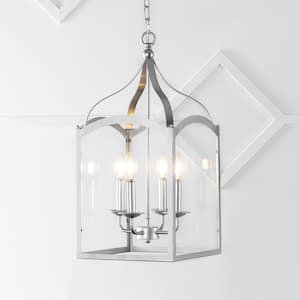 Ruth 11 in. 4-Light Silver Traditional Classic Lantern Metal/Glass Standard LED Geometric Pendant