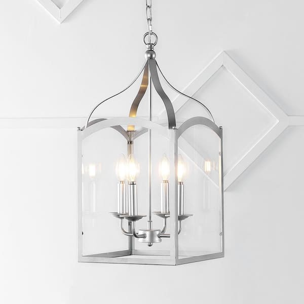 JONATHAN Y Ruth 11 in. 4-Light Silver Traditional Classic Lantern Metal/Glass Standard LED Geometric Pendant