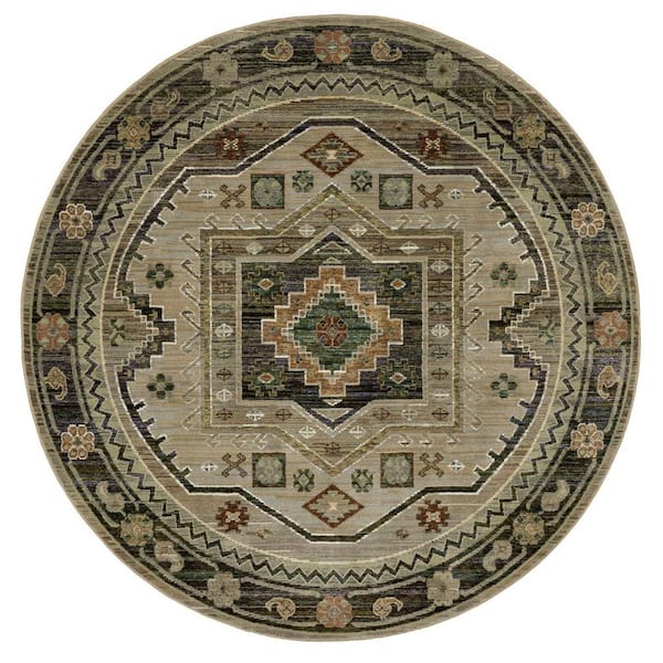 8' Round Gray, Green Tribal Washable Area Rug Runner Rug