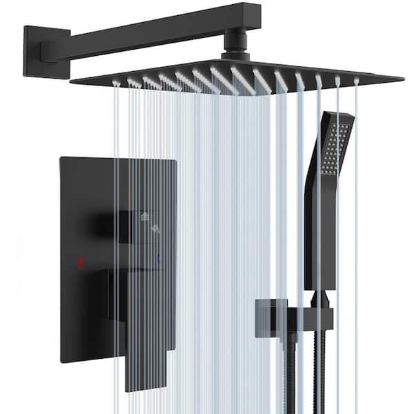 2-Spray Square High Pressure 12 in. Shower Head Brass Wall Bar Shower Kit with Hand Shower in Matte Black