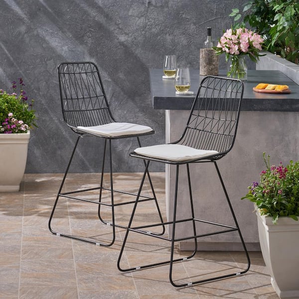 Unbranded Modern Black Metal Outdoor Dining Chair with Ivory Cushion for Porch, Balcony, Deck, Patio, Backyard(2-Pack)