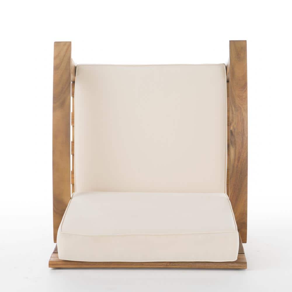 Teak Wood Coastal Lounge Chairs with Beige Water-Resistant Cushions (Set of 2)