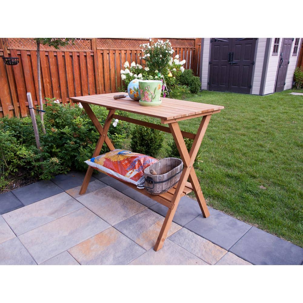 Natural Hemlock Wood Outdoor Potting Bench with Storage Shelf