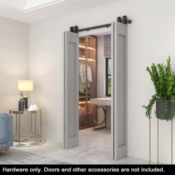 CALHOME 51 in. Black Double Bi-Fold Top Mount Sliding Barn Door Track and Hardware Kit
