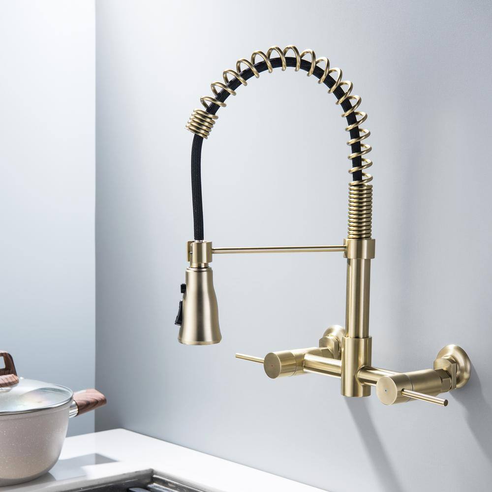 Nestfair Double Handles Wall Mount Pull Down Sprayer Kitchen Faucet in
