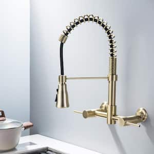 Double Handles Wall Mount Pull Down Sprayer Kitchen Faucet in Brushed Gold