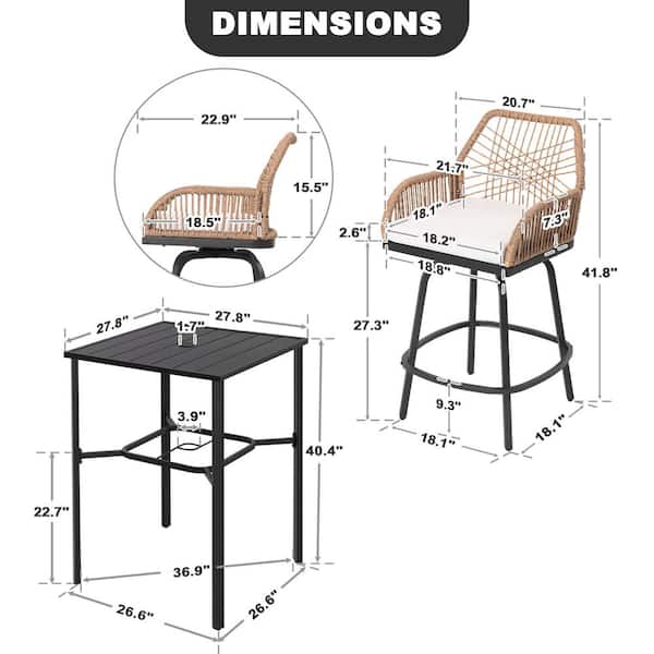 Black 3-Piece Rattan and Metal Square Outdoor Bistro Set with Removable Cushions, Swivel Design