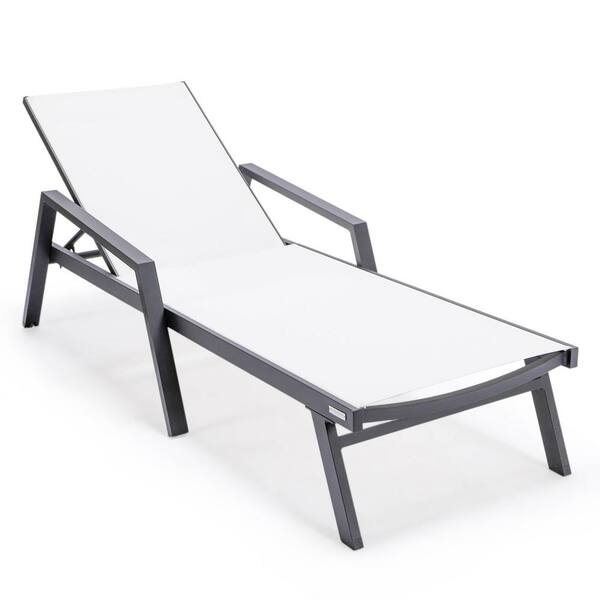 Leisuremod Marlin Modern Black Aluminum Outdoor Chaise Lounge Chair With Arms and Fire Pit Table (White)