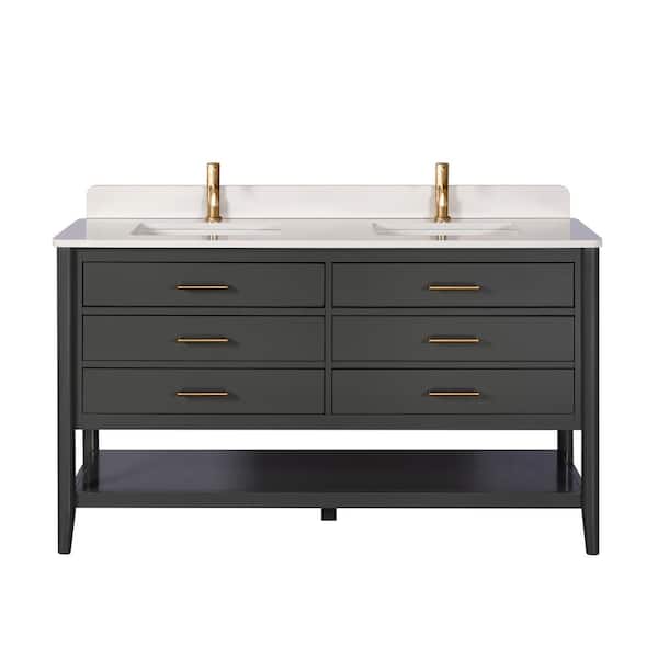 Rocco 61 in. Double Sink Gray Vanity with White Solid Surface Top (Assembled)