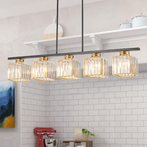 5-Light Modern Black And Gold Linear Crystal Hanging Pendant Light for Kitchen Island