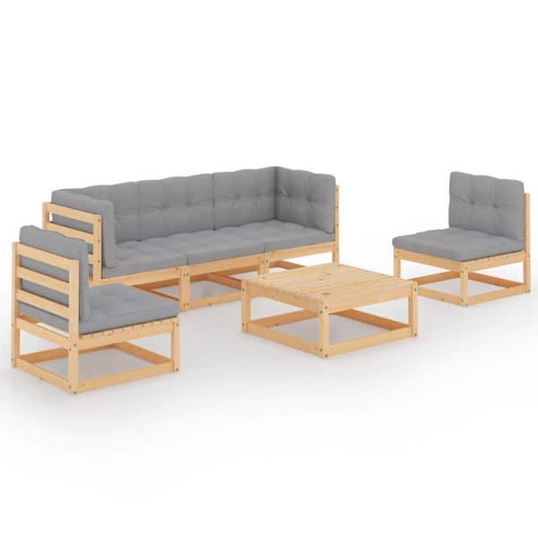 Tunearary Beige 6-Piece Patio Furniture Sofa Set Wood Outdoor Sectional Seat with Beige Cushion