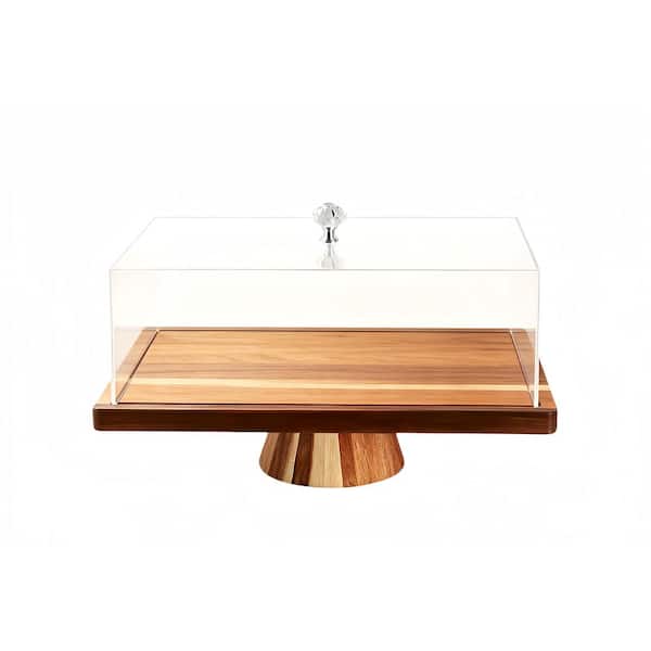 Brown Acacia Wood Cake Stand with Lid - 2-in-1 Dessert Display Set and Charcuterie Board, Featuring an Acrylic Cake Dome