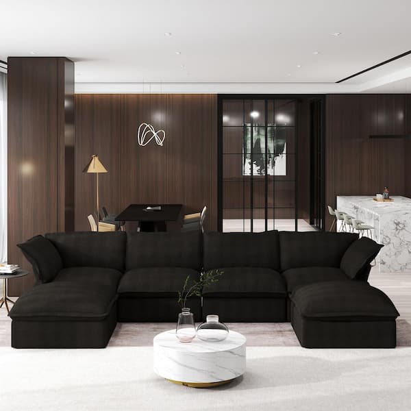 162.98 in. Flared Arm 6-Piece linen U Shaped Sectional Sofa in Black with Storage Ottoman