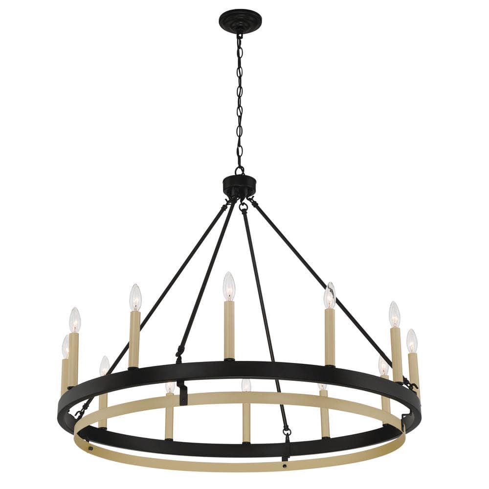 Elegant Black and Gold 12-Light Wagon Wheel Candle Chandelier