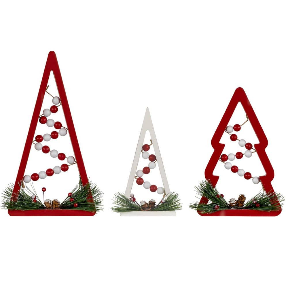 Northlight Wooden Trees with Beads Christmas Decorations-11.75 in. Red and White (Set of 3)