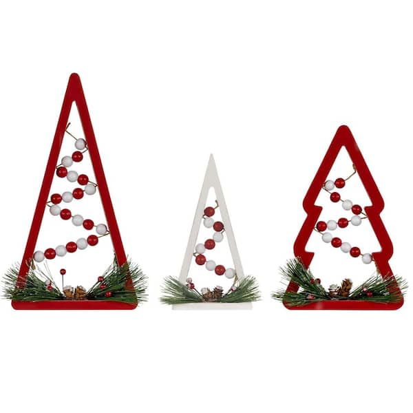 Wooden Trees with Beads Christmas Decorations-11.75 in. Red and White (Set of 3)