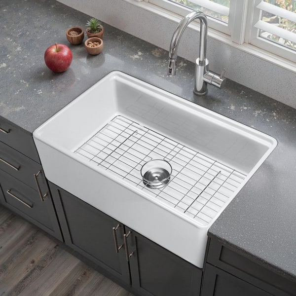 White 32.5 x 20 in. Farmhouse Sink, Fireclay Undermount, Apron Front Single Bowl with Multiple Accessories for Kitchen