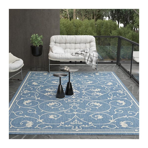 Recife Veranda Ivory-Blue 8 ft. x 8 ft. Flatwoven Floral Square Indoor/Outdoor Area Rug