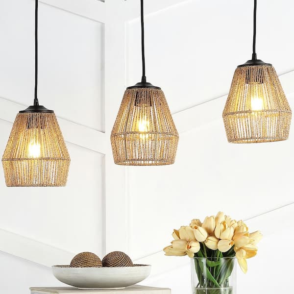 JONATHAN Y Ibiza 40-Watt 3-Light Oil Rubbed Bronze Bohemian Pendant Light with Seagrass Shade and LED Bulbs Included