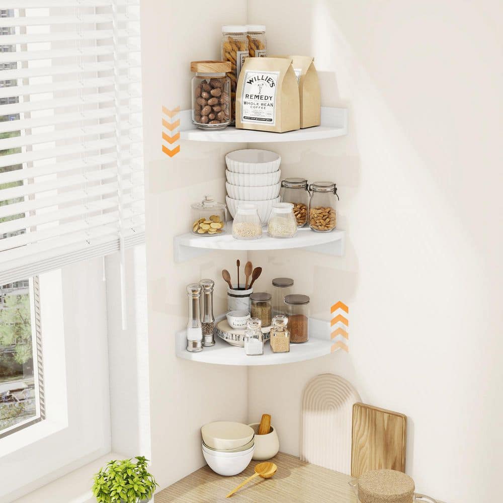 11.5 in. W x 11.5 in. D White Wood Floating Corner Shelves Set of