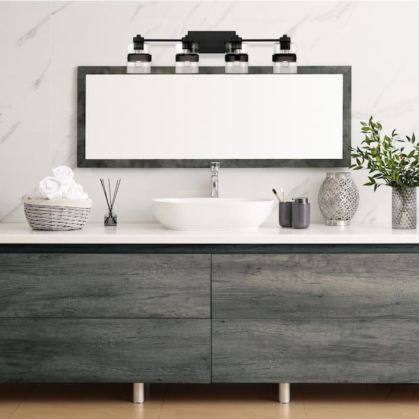 Midnight LA 33 in. 4-Light Matte Black Modern Vanity Light with Clear Glass Dual Shades