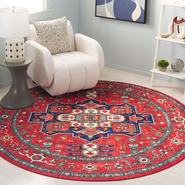 Orlando 7 ft. x 7 ft. Round Red/Beige Persian Medallion Washable Area Rug