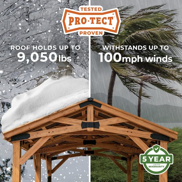 Norwood 14 ft. x 12 ft. All Cedar Wood Outdoor Gazebo Structure with Hard Top Steel Metal Peak Roof and Electric, Brown